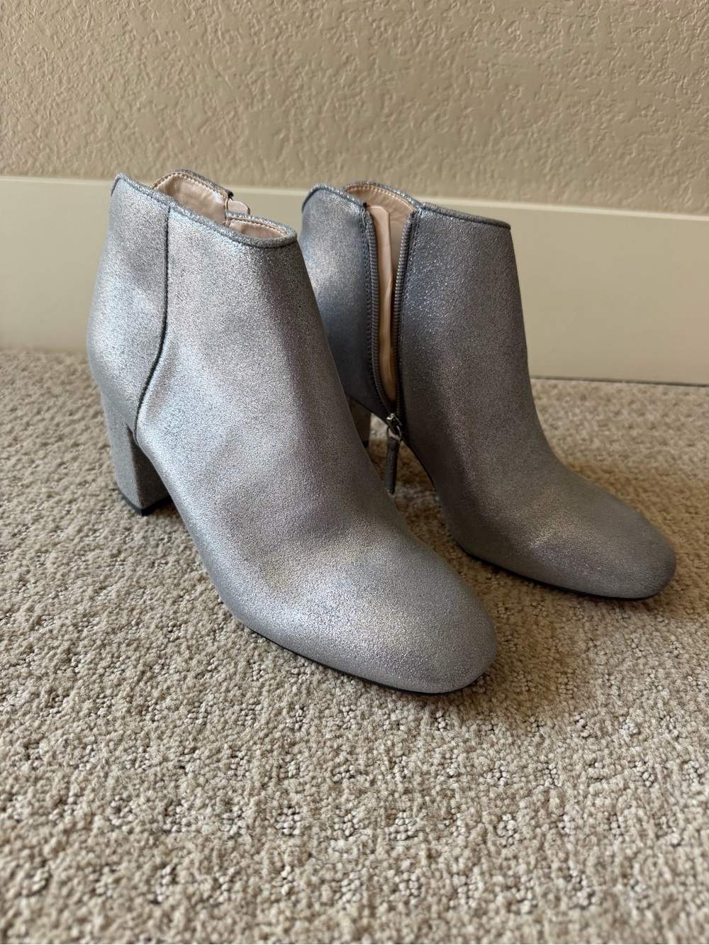 White House Black Market Women's Silver Ankle Boots — Metallic Zip Block Heel